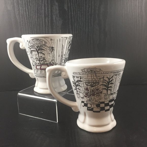 2 Pfaltzgraff Grand Hotel Reception Footed Pedestal Mugs White-Black - Picture 3 of 6